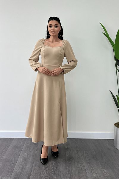 giyimmasalı Heart Collar Midi Crepe Dress - CREAM