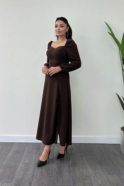 giyimmasalı Heart Collar Midi Crepe Dress - BROWN