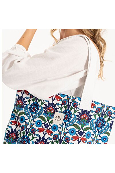 Hilaliart Linen Tote Bag - Tile Patterned and Washable Beach Bag