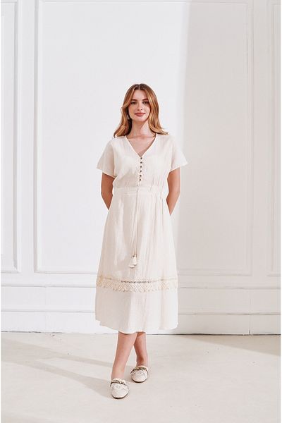 Rabia Çelik Țesătură de muselină crem - Rochie de vară midi pentru femei cu detaliu brodat
