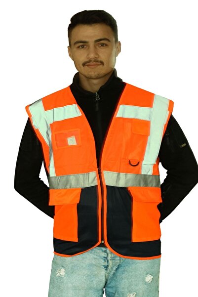 Badem10 Mühendis Tipi Ikaz Yeleği Cepli Fosforlu Fermuarlı Turuncu Güvenlik Y...