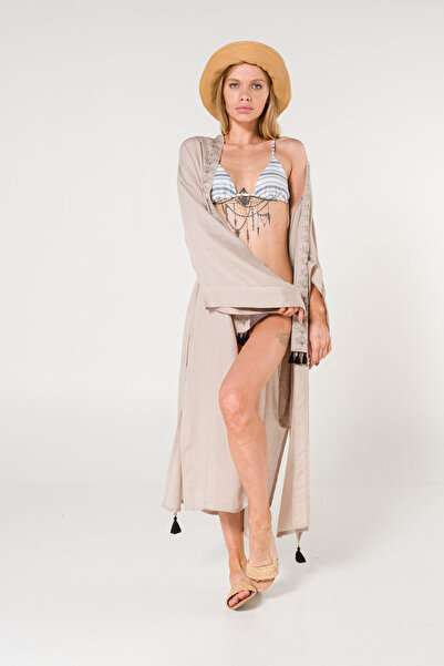 Miespiga Stone Colored Hand Sequin Printed and Tassel Detailed Women's Kimono Beach Dress - Belted
