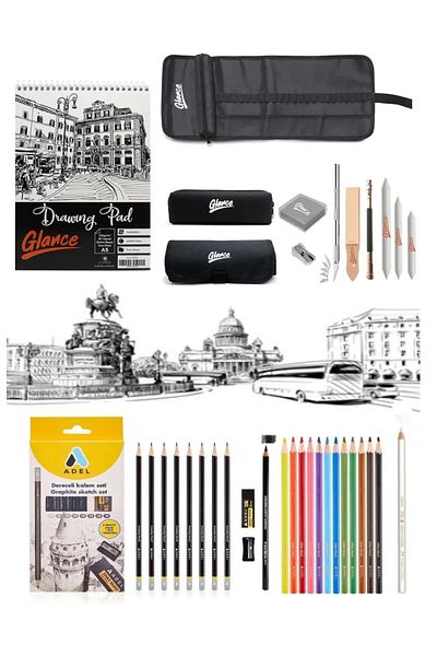 GLANCE Sketchbook A5 120 gr 50 yp Adel Graduated Pen Set 8 Pieces Black Rolled Pen Holder 24 Pen Compartments
