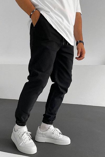 NO61 Denim Fabric Jogger Trousers with Elastic Legs