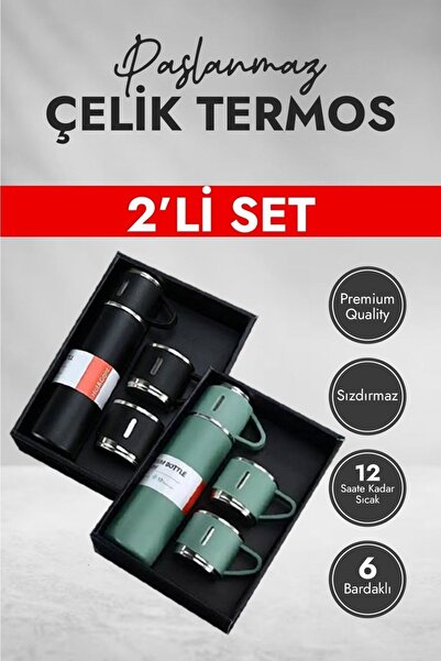 Tuanabitkisel Paslanmaz Çelik Termos 3 Bardaklı Set Vakumlu Termos Çanta Hediyeli ( 2 Li Set )