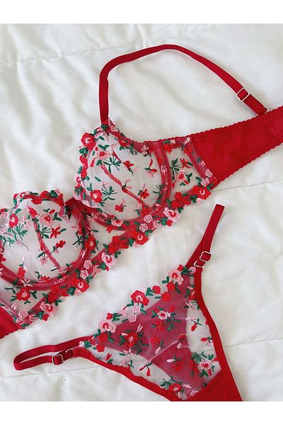 Feruzdesign Red Tuberose Underwire Suit Set