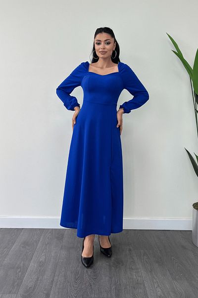 giyimmasalı Saks Blue Midi Dress - Crepe Fabric, Heart Collar