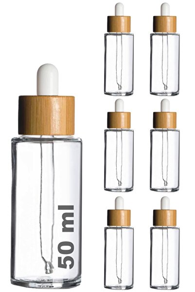 Afracam 50 ml Şeffaf Cam Damlalıklı Serum Şişesi 50 Cc Bambu Kapaklı Ahşap Dr...