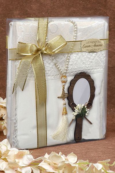 H Hediye Hemen Acetate Box Inside - Prayer Rug Shawl, Pearl Prayer Beads and Wooden Hand Mirror Gift Set