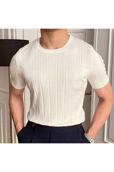 COMBİNE MİCHAİL Crew Neck White Knitwear Men's T-shirt - WHITE