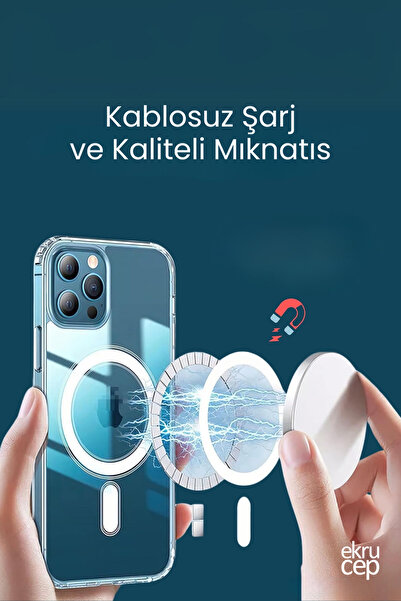 Ekru Cep iPhone 12 Pro Magsafe Wireless Kılıf Köşe Korumalı Darbe Emici Şeffaf Sert Silikon Kapak