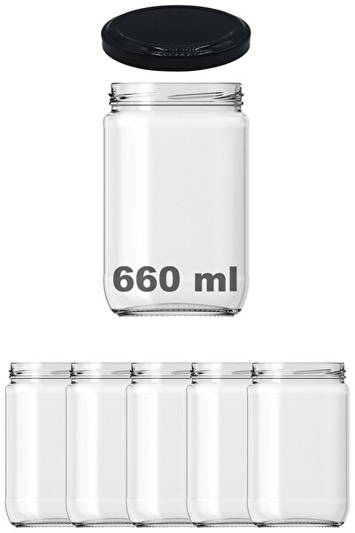 Afracam 660 ml Metal Siyah Konserve Kapaklı 660 Cc Şeffaf Cam Kavanoz 5 Adet