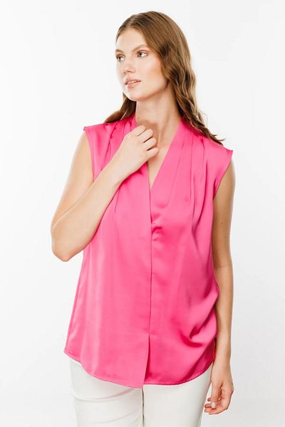 Ekol Pink Satin V-Neck Plus Size Blouse - 1514