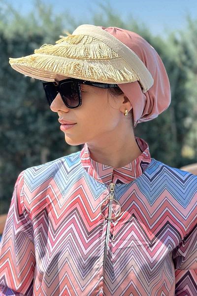 Ka Hijab Beige Straw Visor Hat - Fringed