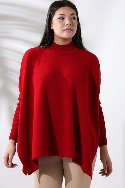 Devinka Women's Red Oversize Slit Knitwear Poncho Sweater