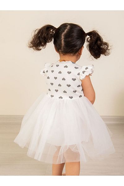 Mika Bebek & Çocuk Heart Patterned Tulle Girl's White Summer Dress