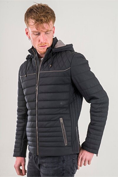 Ata Leather A-501 Erkek Hakiki Deri Kapşonlu Mont Siyah Renk