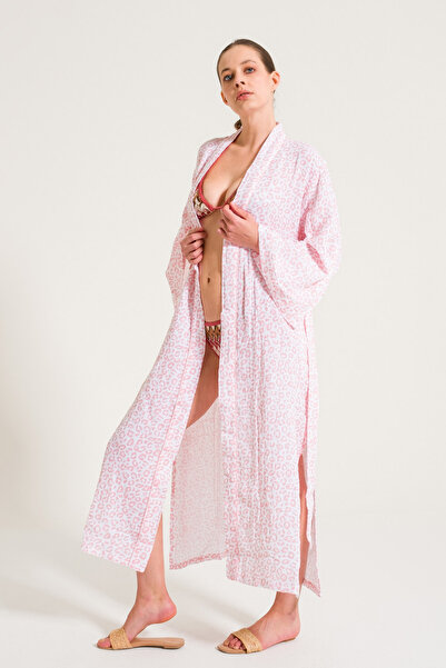 Miespiga Leopar Desenli Müslin Kadın Sabahlık Yırtmaçlı Plaj Elbisesi