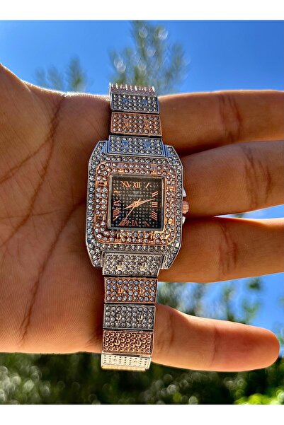 Gold Power Lüks Taşlı Metal Kordon Kadın Takvimli Romen Rakamlı Kol Saati