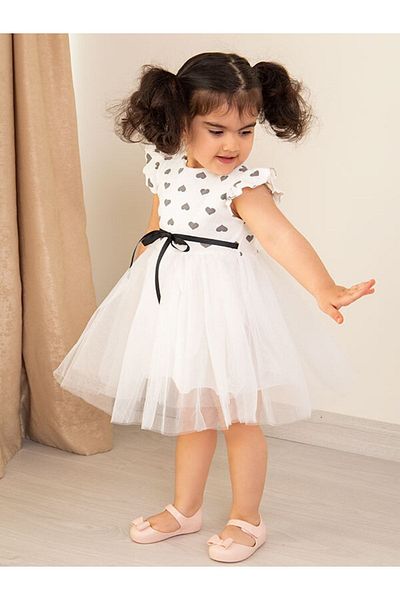 Mika Bebek & Çocuk Heart Patterned Tulle Girl's White Summer Dress