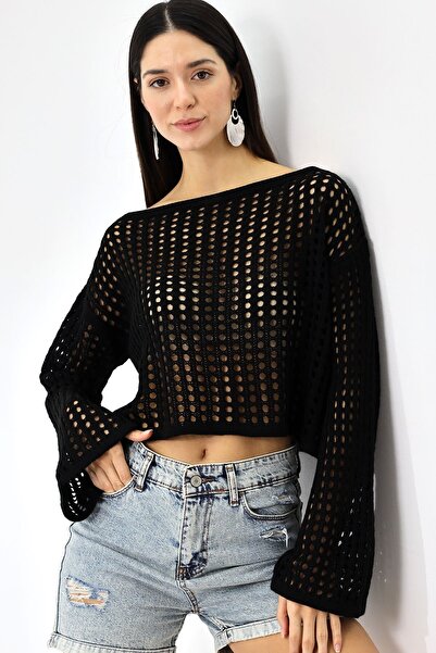 Devinka بلوزة تريكو نسائية بأكمام إسبانية باللون الأسود