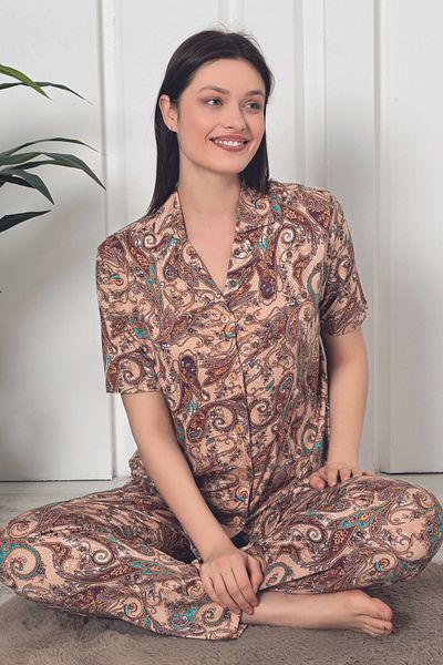 ZMT Collection Дамски пижамен комплект от ликра - къс ръкав, шарени и закопчаващи се отпред