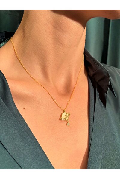 U ADİEU GOLD 14 Ayar Altın Sedef Taşlı Doğal Gezegen Kolye - Şık Ve Zarif Takı