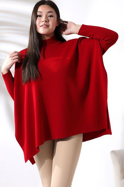 Devinka Women's Red Oversize Slit Knitwear Poncho Sweater