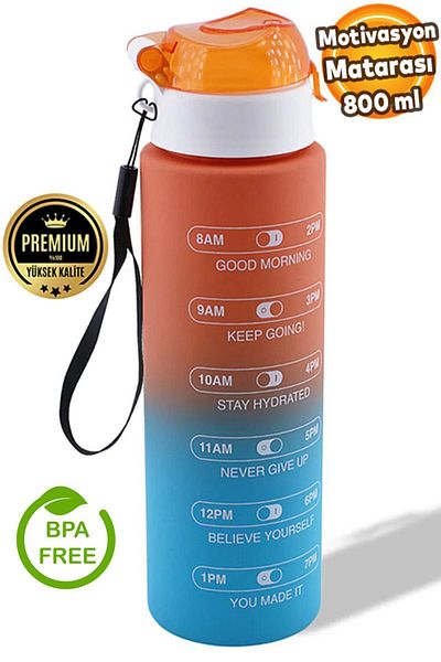 Badem10 Motivational Water Bottle 800 ml Bpa Free Children's Sports Water Bottle Leak-Proof Straw-Free Water Bottle Orange Blue