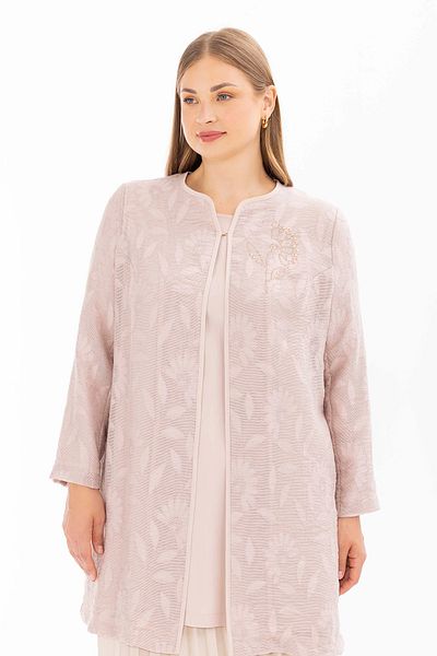 Gala-Xi Galaxi 4001 Beige Large Size Floral Patterned Blouse Jacket