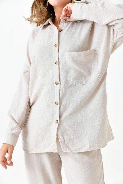 lovebox Linen Fabric Beige Oversize Shirt and Trousers Set - Single Pocket 10277