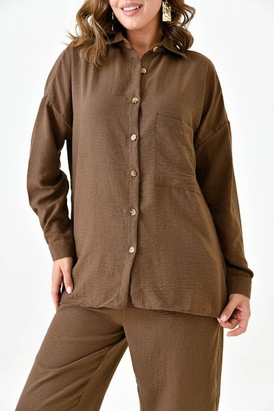 lovebox Linen Women's Shirt and Trousers Set - Oversize Brown, Single Pocket 10277