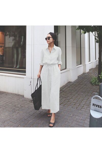 1tarz Mybrand Keten Günlük Rahat Beli Bağcık Detaylı Uzun Kol Elbise