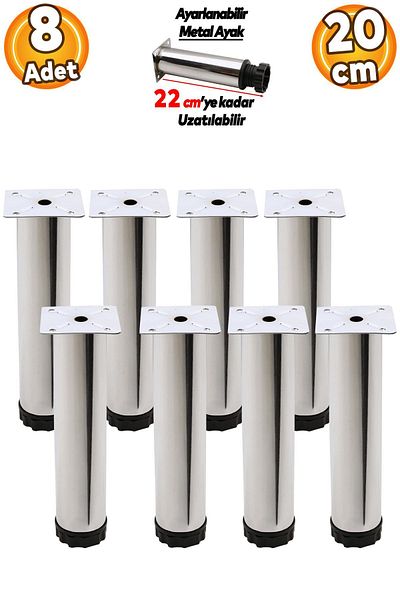 Badem10 Adjustable Furniture Sofa Plinth Armchair Metal Support Riser Leg 20cm Chrome Feet (8Pcs)