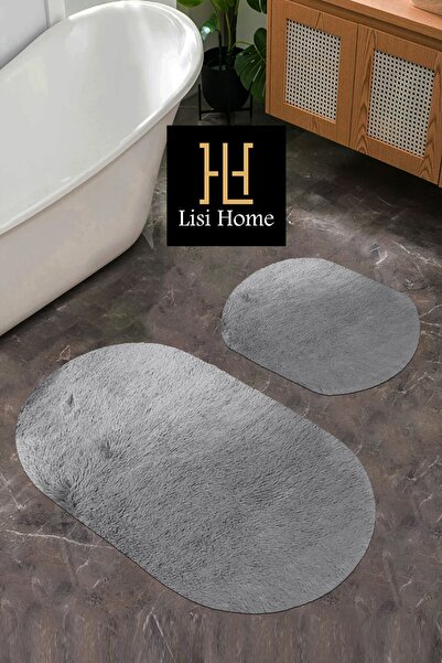 Lisi Home Gri Peluş Yumuşak Banyo Halısı (80x120)(80x50) Klozet Takımı 2'li Y...