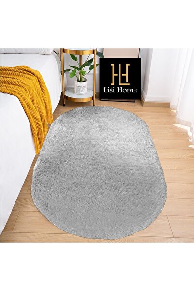 Grey Oval Plush Post Soft Washable Anti-Slip Base Antibacterial Carpet