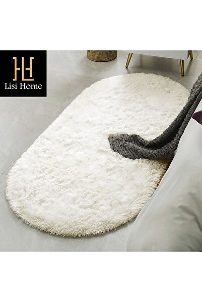 Cream Oval Plush Post Soft Washable Anti-Slip Base Antibacterial Carpet