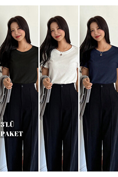 EYAX MODA 3'LÜ AVANTAJ PAKET KADIN Bisiklet Yaka Tişört - Oversize T-shirt