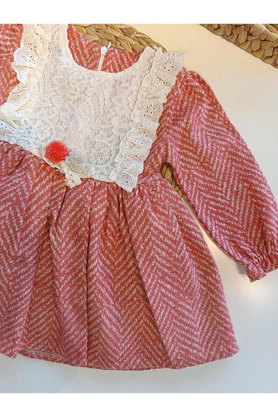 Cumino Guipure Detailed Brick Colored Girl's Dress - GK624