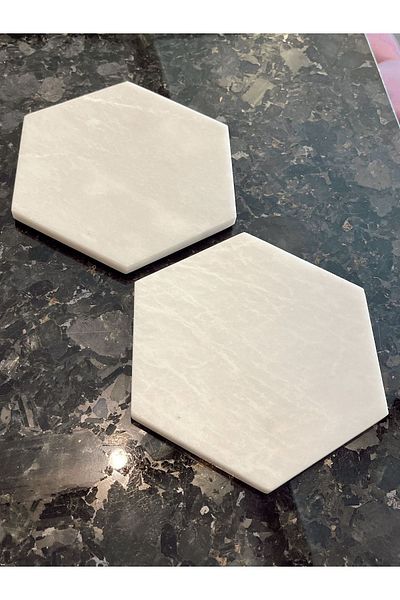 Moon Dizayn Marble Hexagon Presentation Bowl, Marble Presentation Plate 16 Cm, Marble Serving, 2-Piece White Marble Presentation Bowl