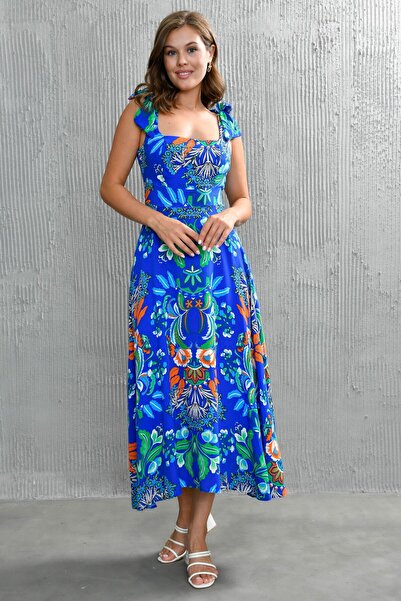 bayansepeti Синя сукня з квітковим візерунком, квадратним вирізом горловини та декольте на спині, з бантиком, довжина до коліна 105