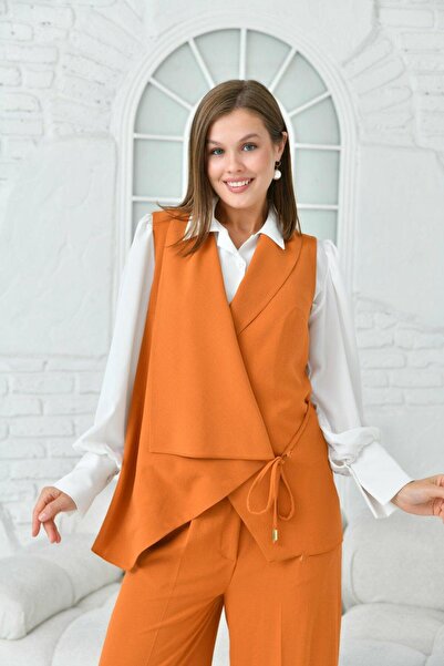 nodilife Salaş Yelekli Keten Takım Elbise Kiremit