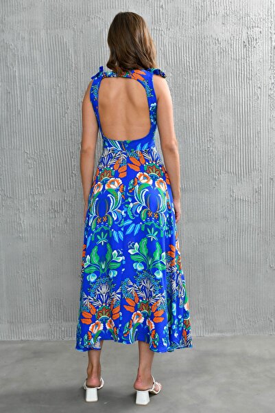 bayansepeti Синя сукня з квітковим візерунком, квадратним вирізом горловини та декольте на спині, з бантиком, довжина до коліна 105