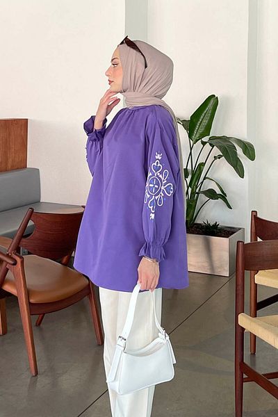 lamelif Purple Hijab Tunic - Sleeve Embroidered
