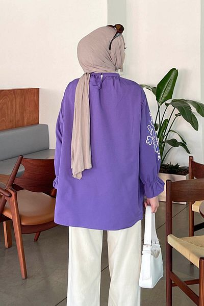 lamelif Purple Hijab Tunic - Sleeve Embroidered