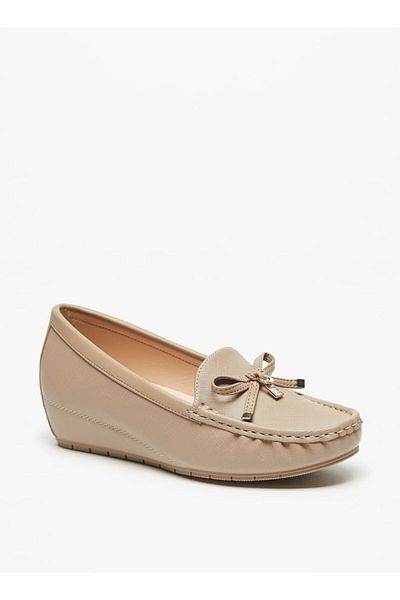 Flora Bella by Shoexpress Flora Bella Textured Slip-On Loafers with Wedge Heels and Bow Accent