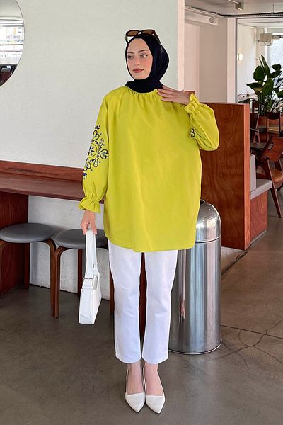 lamelif Oil Green Sleeve Embroidered Hijab Tunic