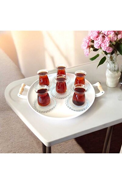 EceAksesuar Metal Tea and Coffee Tray with Wooden Handles - 37 cm Medium Size...