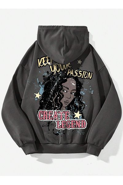 Benisengiydir Create Printed Oversize Hooded Anthracite Women's Sweatshirt