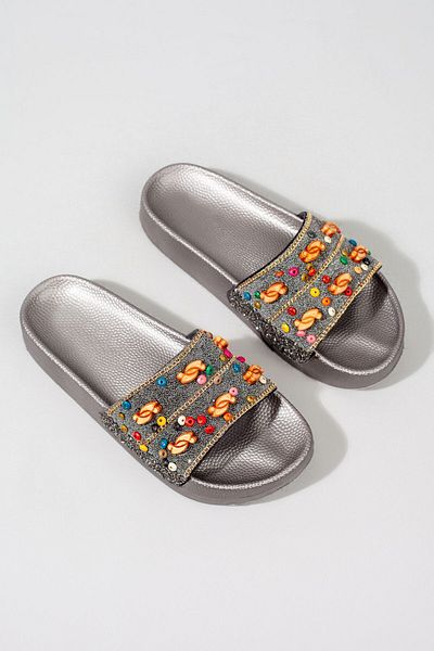 ShoesBag Papuci confortabili de zi cu zi pentru femei - Design ornamentat cu pietre și margele